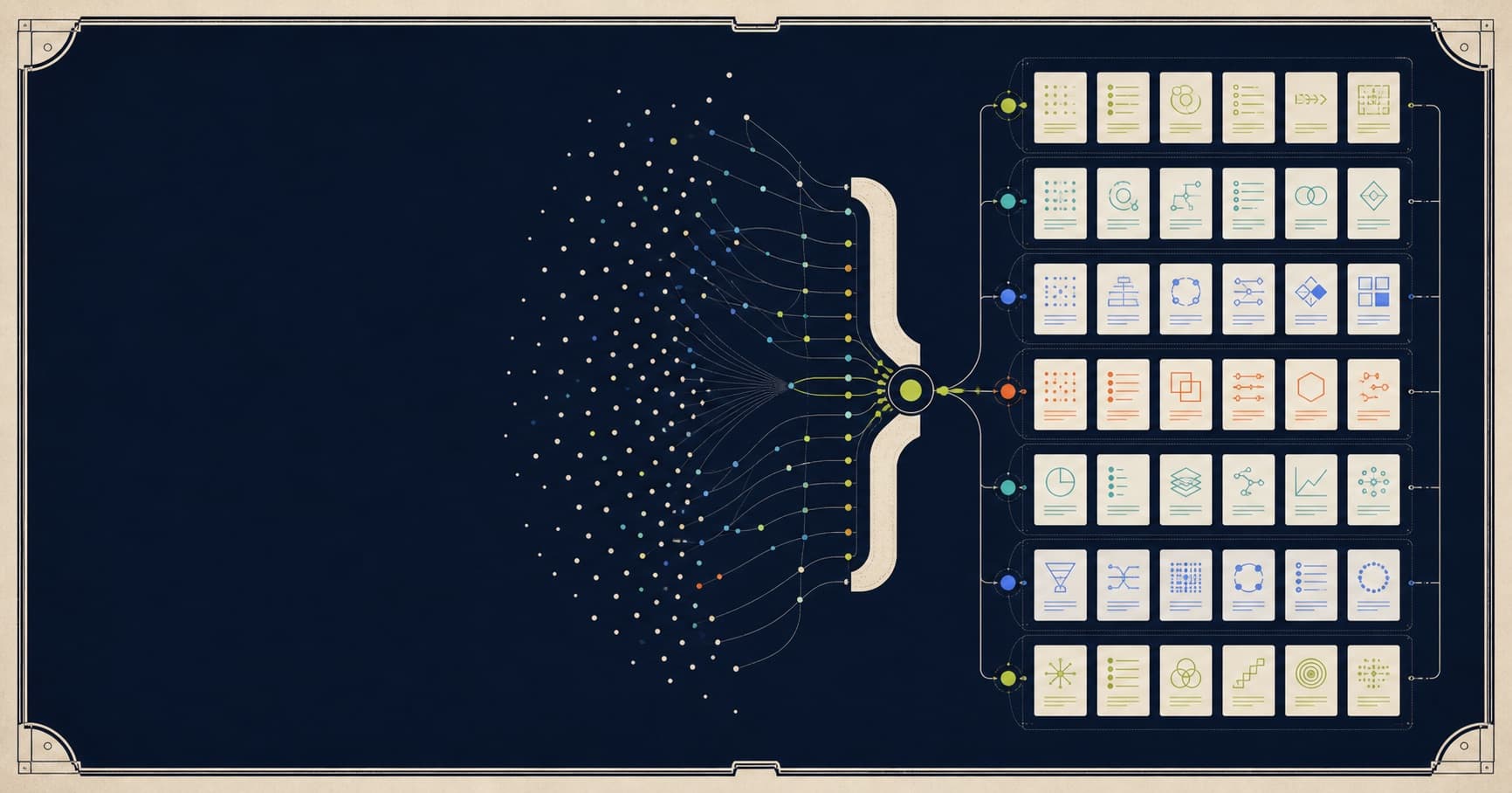 A field-manual system map with exactly 42 workflow cards arranged in seven groups of six