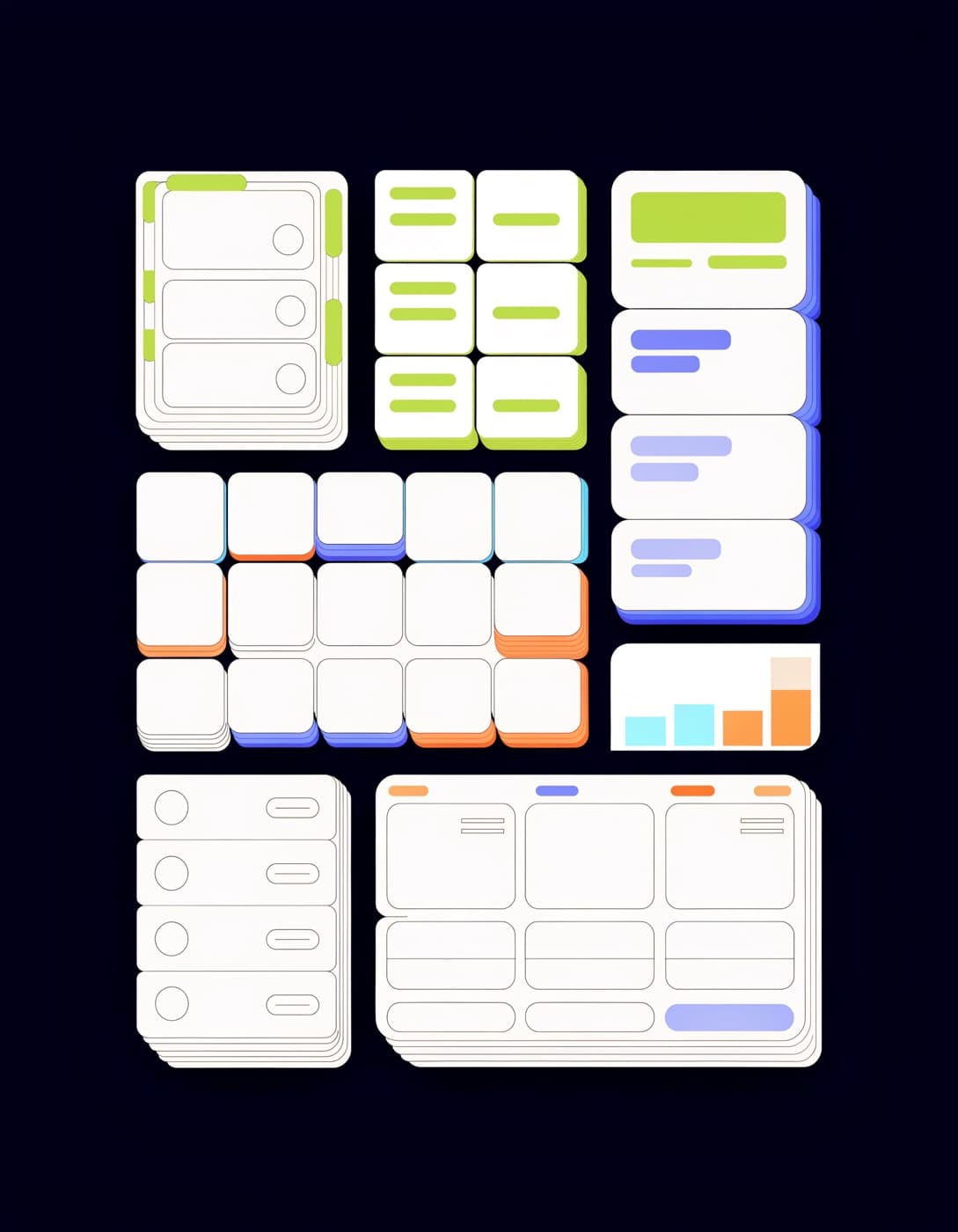 An editorial operating-system tableau of structured workflow cards, customer evidence, campaign modules and decision surfaces